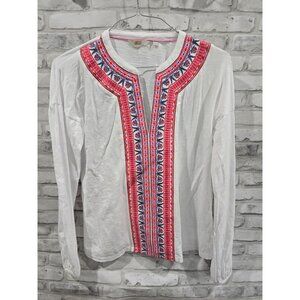 Boden White Blouse with Red and Blue Embroidery